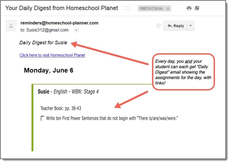 Annotated screen shot of Write by NumberHomeschool Planet Lesson Plans in daily digest view