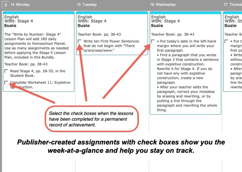Annotated screen shot of Write by NumberHomeschool Planet Lesson Plans in weekly view