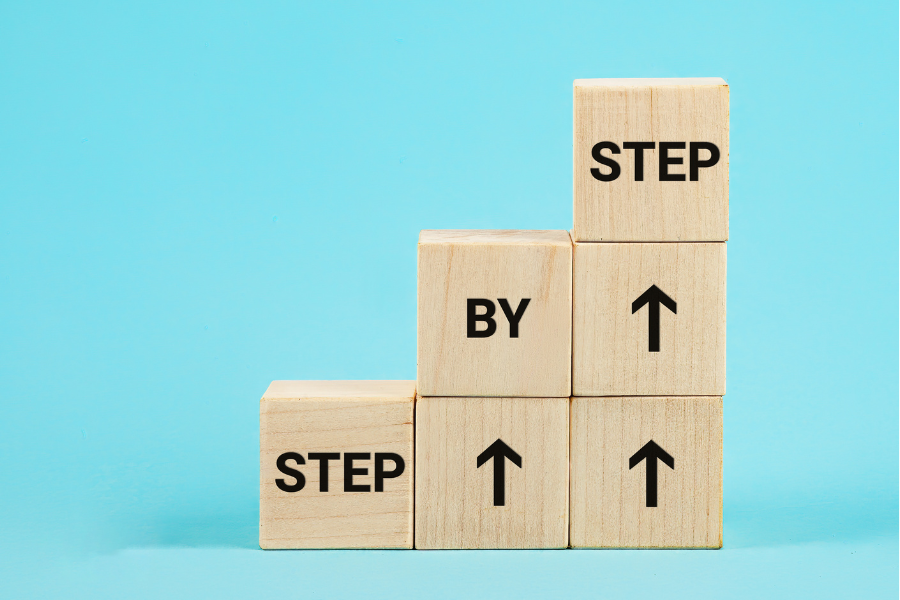 Blocks shaped like stairs showing "Step by Step"